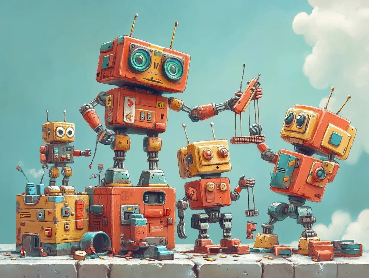 Four whimsical retro-styled robots in orange and yellow tones play with building blocks on a concrete ledge against a turquoise sky.