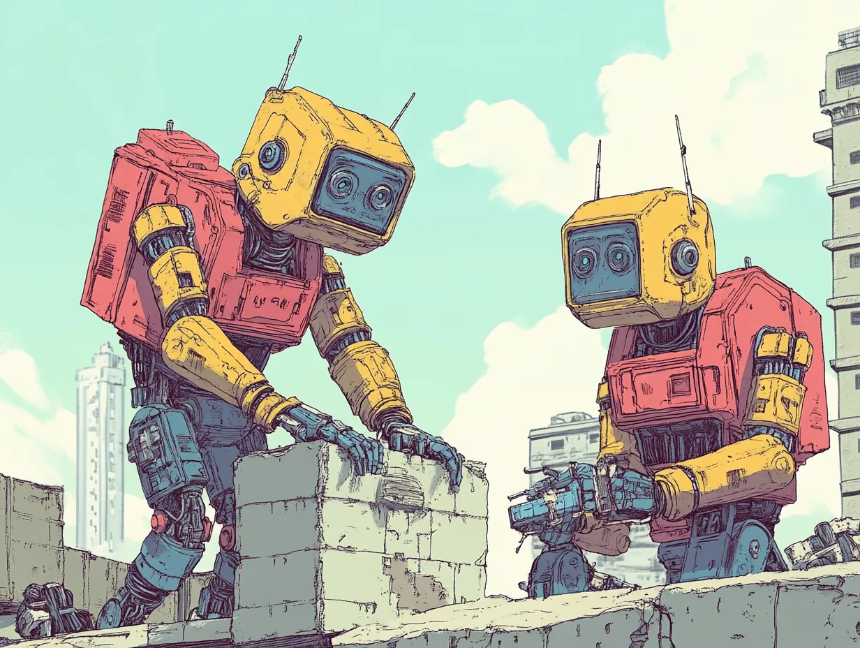 Two retro-styled robots with yellow boxy heads and red backpacks stand among concrete ruins in a pastel-colored cityscape.