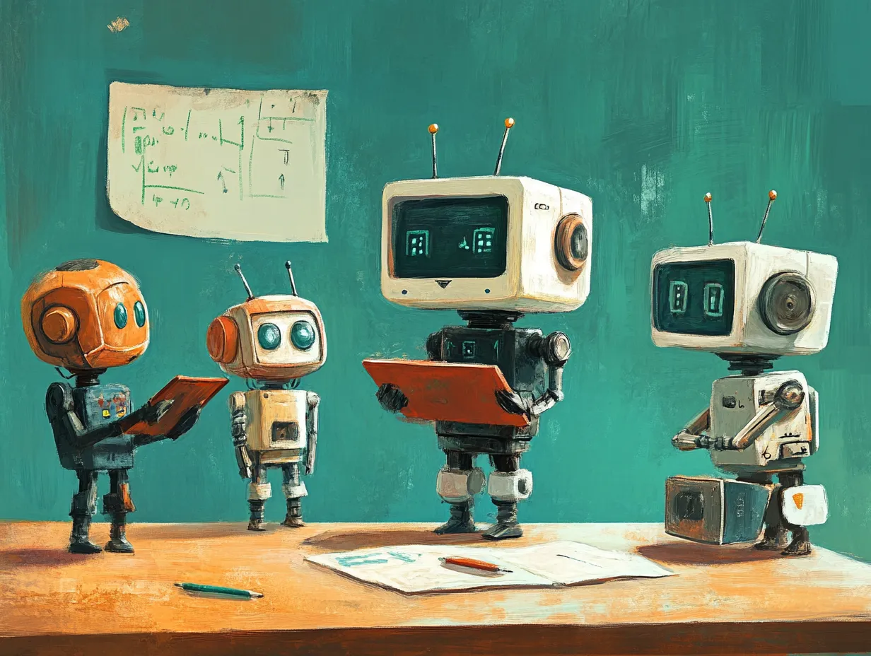 Four cute cartoon robots with TV-shaped heads gather around papers on a wooden desk, appearing to be in a classroom or study setting with a teal wall background.